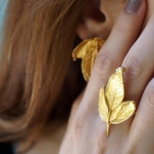 Nature-Inspired Gold Ring, Real Rose Leaves (Adjustable, Recycled Brass)